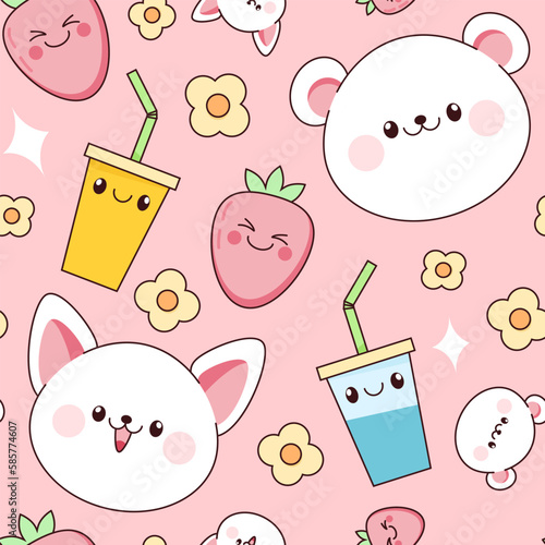 Seamless pattern of kawaii polar bear and cat faces, bubble tea and flowers