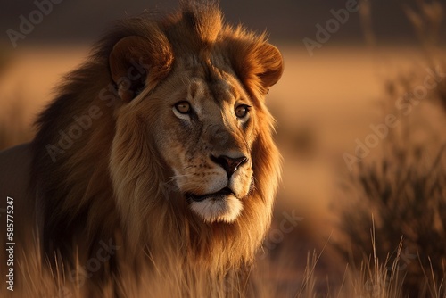 African Lion Roaming the Vast Grasslands, Majestic and Powerful King of the Savannah by Generative AI © Digital Dreamscape