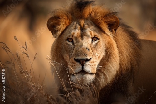 African Lion Roaming the Vast Grasslands, Majestic and Powerful King of the Savannah by Generative AI