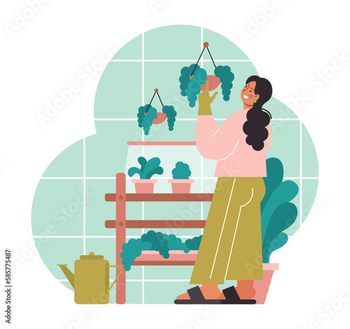 Gardening and planting. Character taking care of plants, flowers