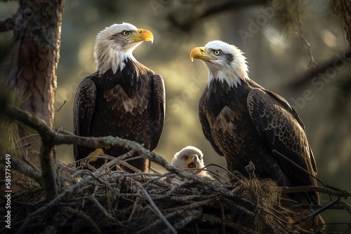 Bald Eagles Caring for Young Chick, Delicate Feeding and Grooming by Sharp Beaks and Talons by Generative AI