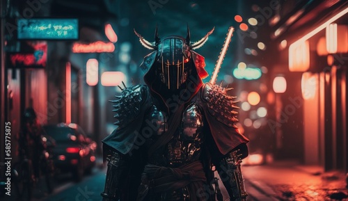 Samurai in the middle of street with blurred neon lights at night on background. Postproducted generative AI digital illustration.