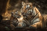Mother Bengal Tiger Gently Licks Cub's Fur Clean, Intense Gaze Watching Over Playful Youngster by Generative AI