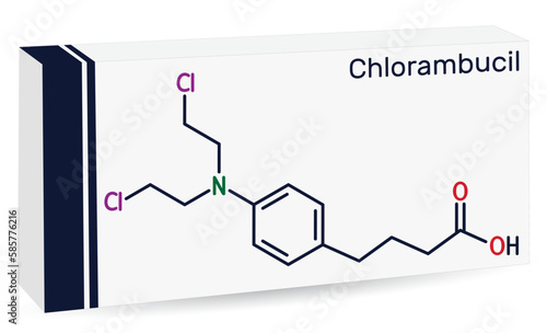 Chlorambucil molecule. It is chemotherapy agent used in the treatment of lymphocytic leukemia, malignant lymphomas. Skeletal chemical formula. Paper packaging for drugs