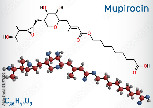 Mupirocin molecule. It is antibacterial ointment used to treat impetigo and skin infections. Structural chemical formula, molecule model
