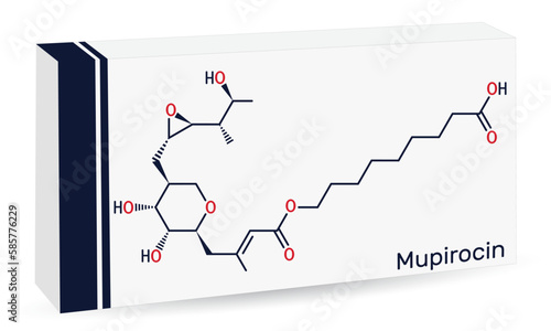 Mupirocin molecule. It is antibacterial ointment used to treat impetigo and skin infections. Skeletal chemical formula. Paper packaging for drugs.