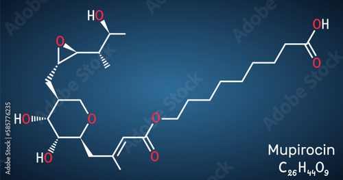Mupirocin molecule. It is antibacterial ointment used to treat impetigo and skin infections. Structural chemical formula on the dark blue background.