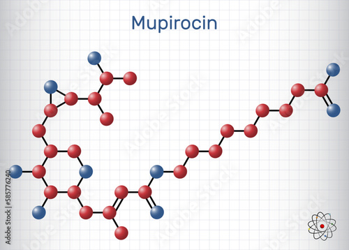 Mupirocin molecule. It is antibacterial ointment used to treat impetigo and skin infections. Structural chemical formula, molecule model. Sheet of paper in a cage.