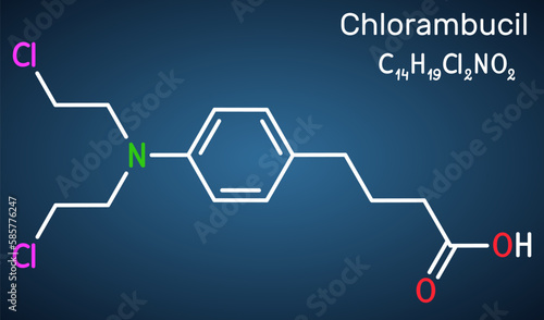 Chlorambucil molecule. It is chemotherapy agent used in the treatment of lymphocytic leukemia, malignant lymphomas. Structural chemical formula on the dark blue background.