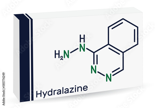 Hydralazine molecule. It is hypertension drug, used to treat high blood pressure, heart failure. Skeletal chemical formula. Paper packaging for drugs photo