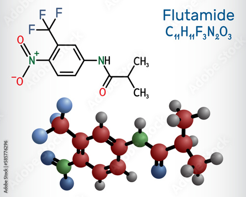 Flutamide molecule. It is is antiandrogen used for locally confined stage B2-C and D-2 metastatic prostate carcinoma. Structural chemical formula, molecule model.