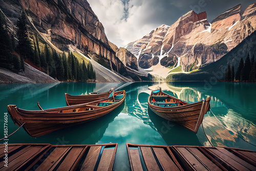 Boats on the Braies Lake. Generative Ai