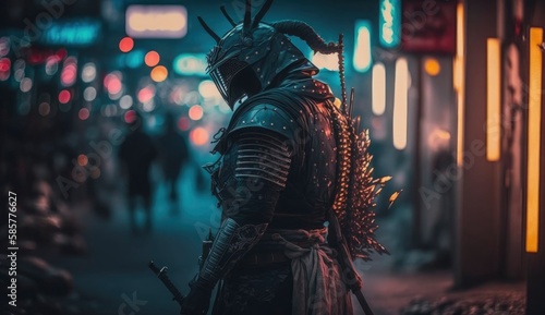 Armed samurai and street with blurred neon lights at night on background. Postproducted generative AI digital illustration with non existing person.