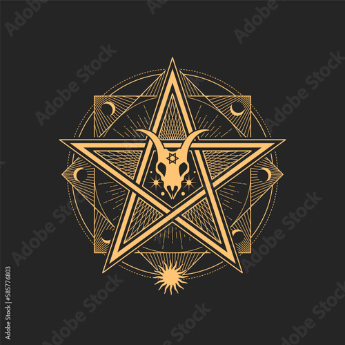 Esoteric and occult Pentagram with goat skull, octagram, crescent, moon and stars symbol for magic tarot cards. Vector witchcraft or alchemy sign, spiritual emblem, isolated wicca or pagan amulet