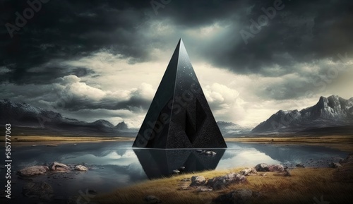Black ancient pyramidal monolith in distant natural landscape. Postproducted generative AI illustration.
