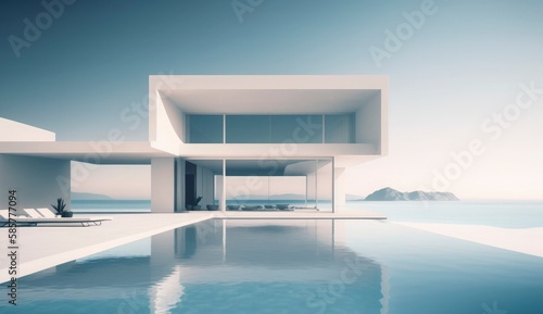 Luxury residential minimalist villa with pool and ocean on horizon. Postproducted generative AI illustration. © MstAsma