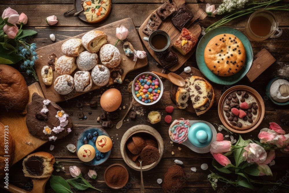 table filled with assorted pastries of different shapes, sizes, and flavors. Generative AI table filled with assorted pastries of different shapes, sizes, and flavors. Generative AI
