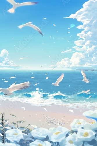 Sea and sky with flower petals and seagulls, semi-abstract stylized beach digital painting with yellow sand and blue sea wave for backgrounds or banner. Created using generative AI..