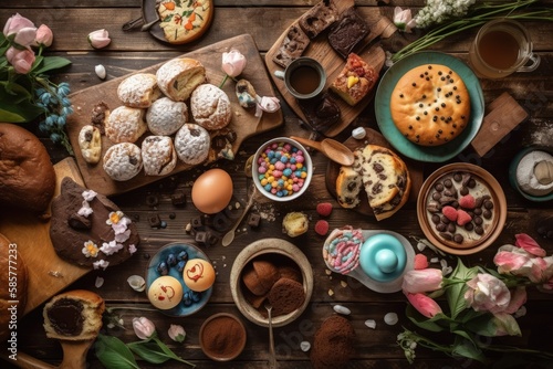 table filled with assorted pastries of different shapes, sizes, and flavors. Generative AI