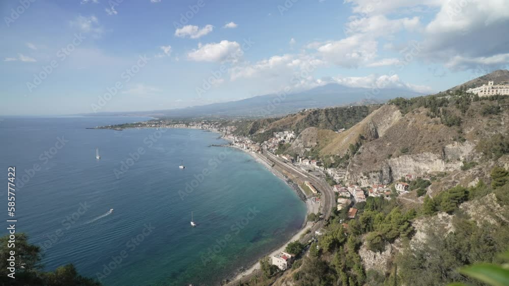 Bay of Naxos and Mount Etna viewed from Taormina, Taormina, Messina, Sicily, Italy, Mediterranean, Europe Bay of Naxos and Mount Etna viewed from Taormina, Taormina, Messina, Sicily, Italy, Mediterranean, Europe