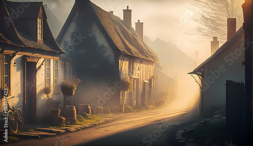 Rustic village in the morning with light fog, with A-framed buildings and flower pots, generative AI