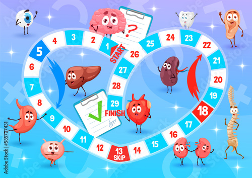Board step game worksheet with cartoon human organ characters. Vector boardgame quiz with heart shaped block path. Ear, liver, spleen and eyeball, brain, kidneys or spine, stomach, tooth and bladder