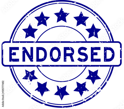 Grunge blue endorsed word with star icon round rubber seal stamp on white background