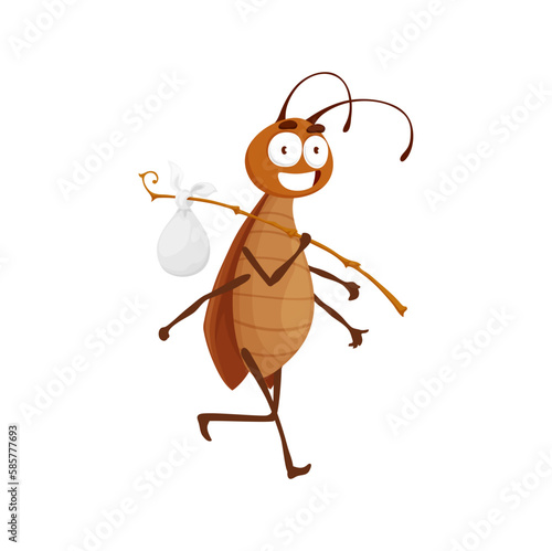 Cartoon cockroach character carry stick with belongings. Isolated vector funny insect game book personage walk with smiling face