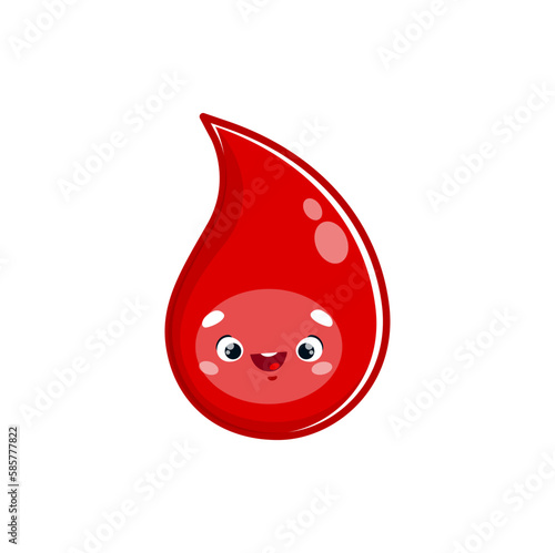 Cartoon blood drop character. Vector personage with cute smiling face. Red blood droplet mascot for donation, donor day, health care, medicine test