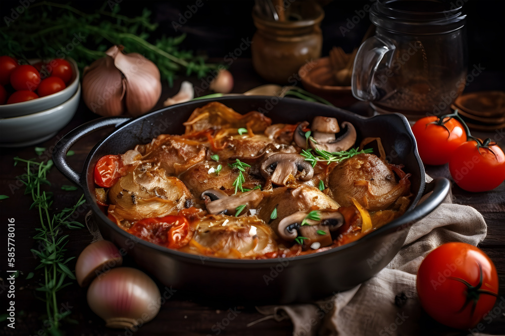 Baked potato, tomato, mushroom and onion on wooden table with smoke on background. Food design. Baked meat. Delicious dish. Artistic blur. Generative AI technology. Baked potato, tomato, mushroom and onion on wooden table with smoke on background. Food design. Baked meat. Delicious dish. Artistic blur. Generative AI technology.