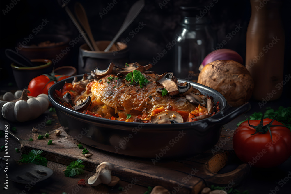 Baked potato, tomato, mushroom and onion on wooden table with smoke on background. Food design. Baked meat. Delicious dish. Artistic blur. Generative AI technology. Baked potato, tomato, mushroom and onion on wooden table with smoke on background. Food design. Baked meat. Delicious dish. Artistic blur. Generative AI technology.