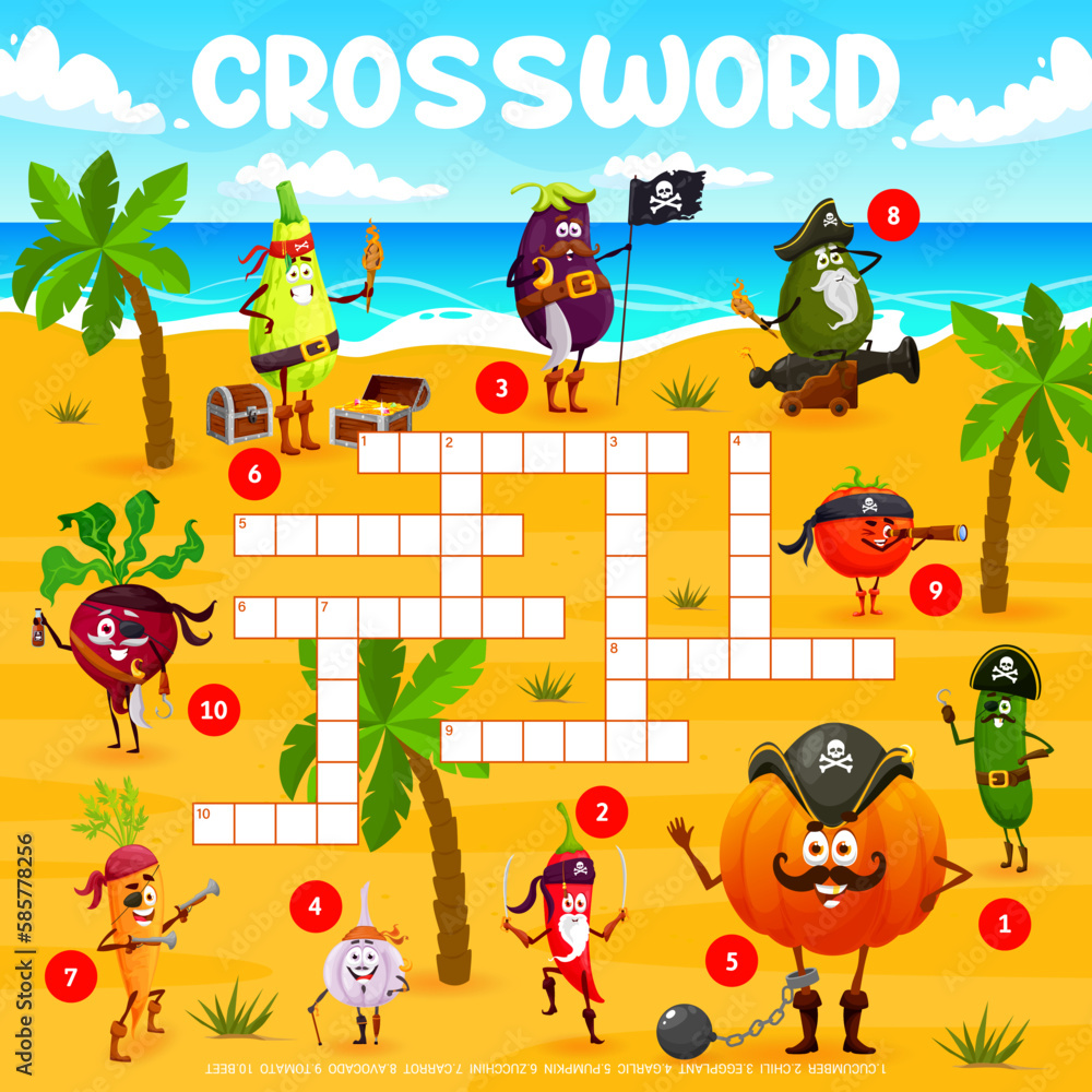 Fototapeta premium Crossword grid cartoon vegetable pirates and corsairs on treasure island. Quiz game for children with vector cucumber, chili, eggplant, garlic, pumpkin or zucchini, carrot, avocado, tomato and beet