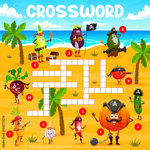 Crossword grid cartoon vegetable pirates and corsairs on treasure island. Quiz game for children with vector cucumber  chili  eggplant  garlic  pumpkin or zucchini  carrot  avocado  tomato and beet