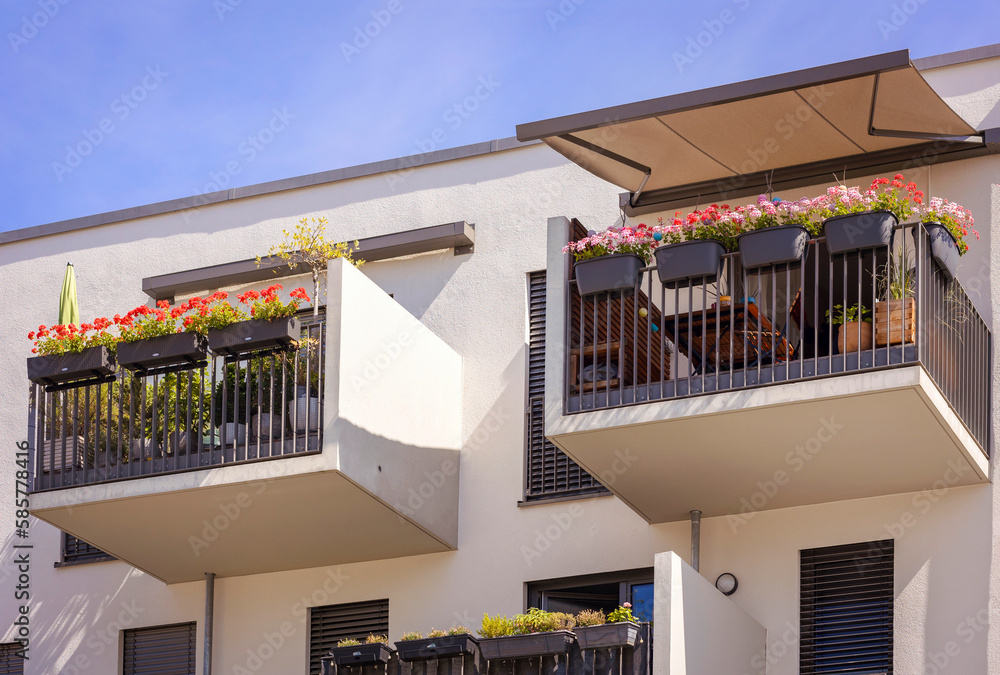 Balcony of Modern Apartment Building with Sunshade Protection Awning