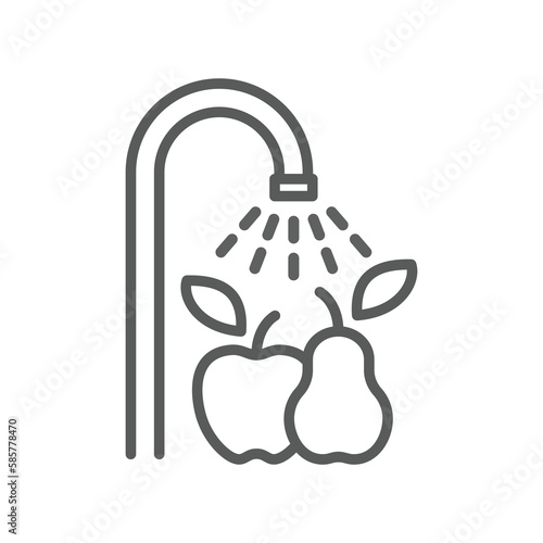 Wash well before eating vector label. Water tap and fruits line icon.