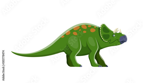 Cartoon Avaceratops dinosaur character. Extinct animal  Jurassic era comic green dinosaur with horns and neck frill. Prehistoric creature  isolated herbivore reptile isolated vector personage