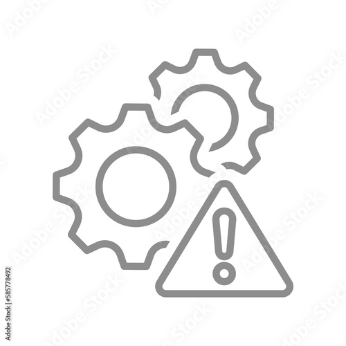 Gears and warning exclamation mark or point sing. System breach, danger or error line vector icon.
