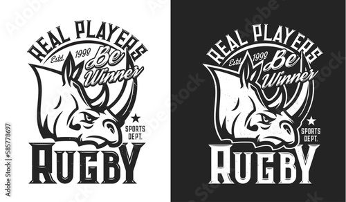Rhino mascot, rugby sport club t-shirt print and football team league vector emblem. Angry rhinoceros mascot badge for rugby sport players club or varsity athletics department and college league