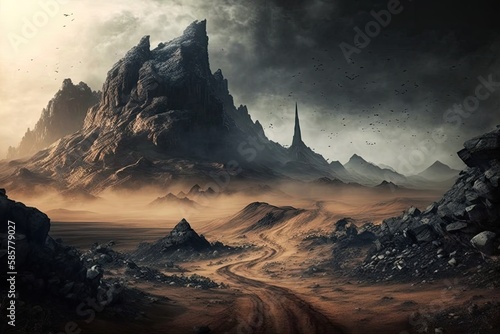 mordor landscape, with mist rolling over the barren lands, created with generative ai photo