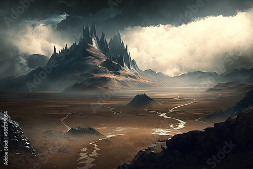 mordor landscape, with mist rolling over the barren lands, created with generative ai photo