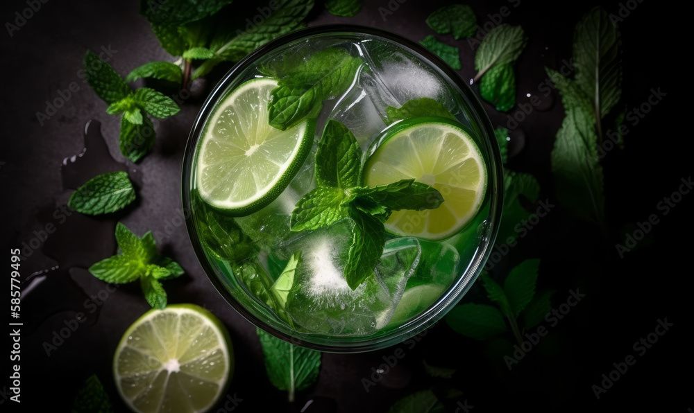 Minty Freshness in a Glass - A refreshing and revitalizing top view of a mojito cocktail with mint leaves, lime wedges, and ice cubes, perfect for summer vibes and relaxation. Generative AI Minty Freshness in a Glass - A refreshing and revitalizing top view of a mojito cocktail with mint leaves, lime wedges, and ice cubes, perfect for summer vibes and relaxation. Generative AI