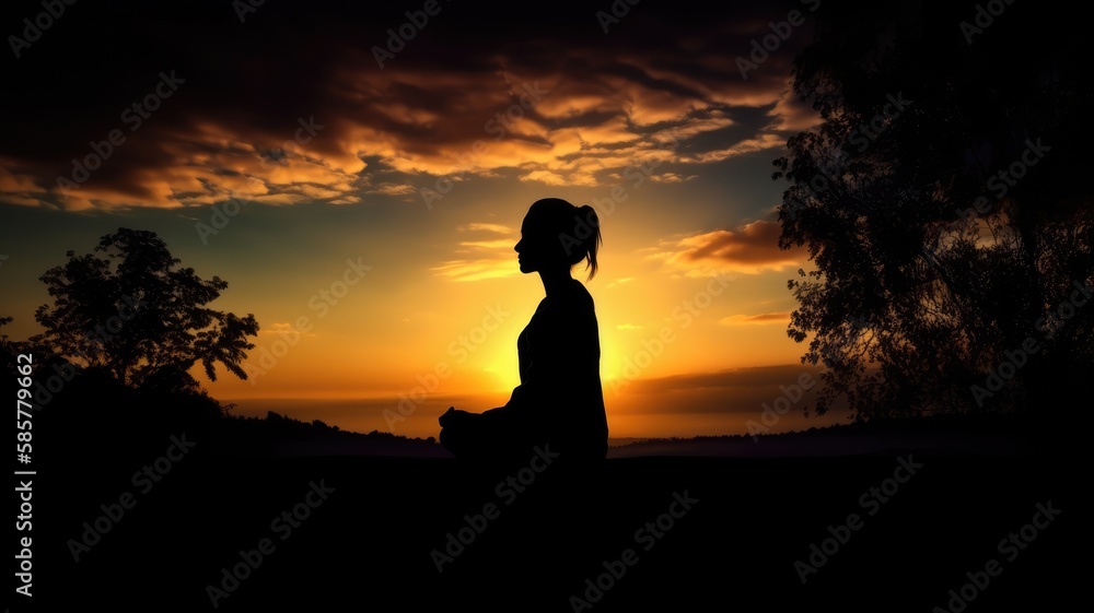 Meditation, yoga silhouette of woman. Generative AI Meditation, yoga silhouette of woman. Generative AI