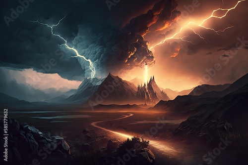 mordor landscape with stormy sky, lightning bolts and rolling clouds, created with generative ai photo