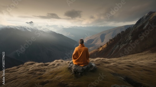 Monk meditation in the mountains. Generative AI