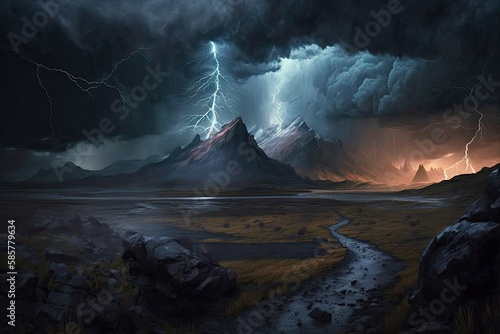 mordor landscape with stormy sky, lightning bolts and rolling clouds, created with generative ai photo