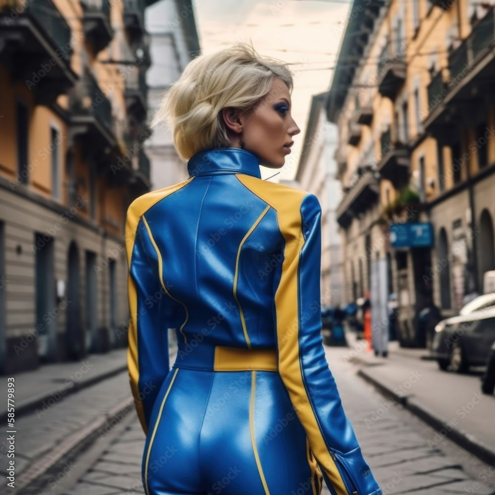The model girl is on the street wearing a yellow and blue suit, fashion generative ai The model girl is on the street wearing a yellow and blue suit, fashion generative ai