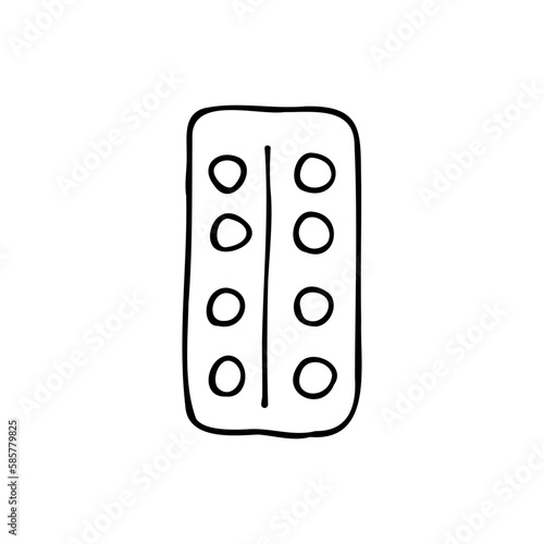 Blister with pills. Medicinal remedy. Medicine. Pharmaceutics. Antipyretic, pain reliever. Doodle. Vector illustration. Hand drawn. Outline.
