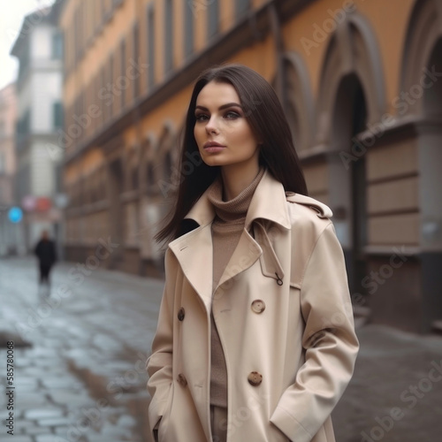 The girl model on the street wearing a beige coat, fashion generative ai © Sergey