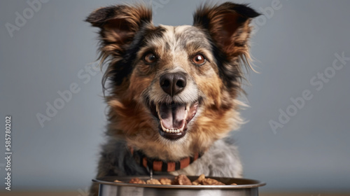 Pampered Pooch  Delighted Dog Enjoying a Hearty Meal. Smiling happy dog standing in front of bowl with dog food on plain background. Generative AI