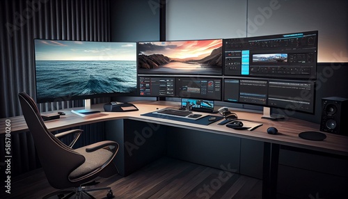 Create a video editing suite with multiple monitors, high-end graphics cards, and comfortable ergonomic chairs.